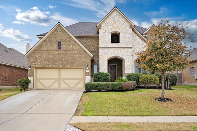 view of front of house featuring a garage and a front lawn