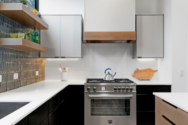 kitchen with open shelves, tasteful backsplash, stainless steel stove, and dark cabinets