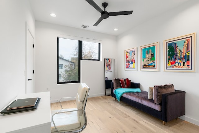 office with baseboards, visible vents, a ceiling fan, light wood-style floors, and recessed lighting