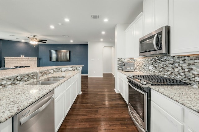 1228 Brenham Ln, Leander, TX 78641 - kitchen with stainless steel appliances, a sink, dark wood-style floors, ceiling fan, and backsplash