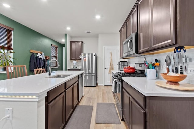 kitchen featuring sink, tasteful backsplash, a center island with sink, appliances with stainless steel finishes, and light hardwood / wood-style floors