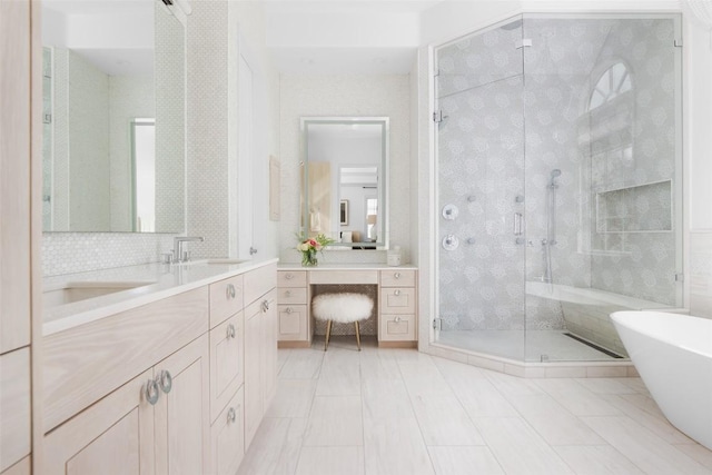 bathroom with vanity, tile patterned flooring, and independent shower and bath