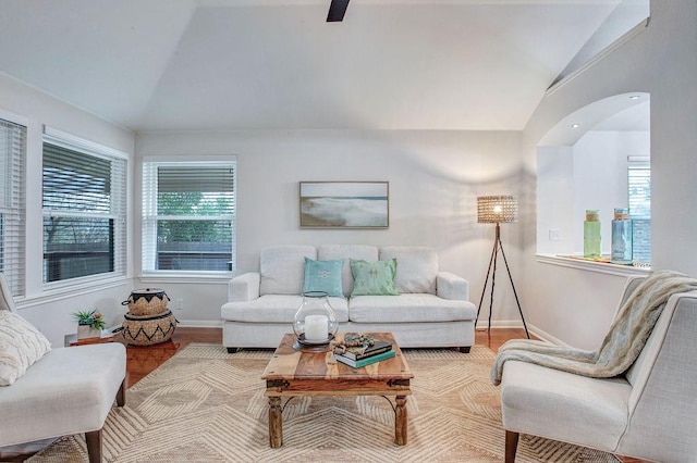 living room featuring hardwood / wood-style flooring and lofted ceiling