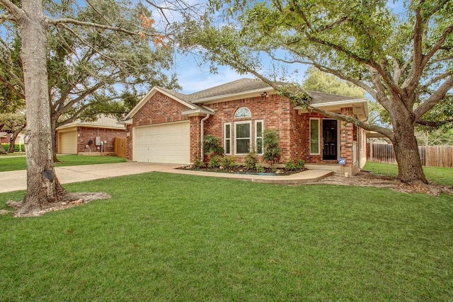 single story home with a garage and a front lawn