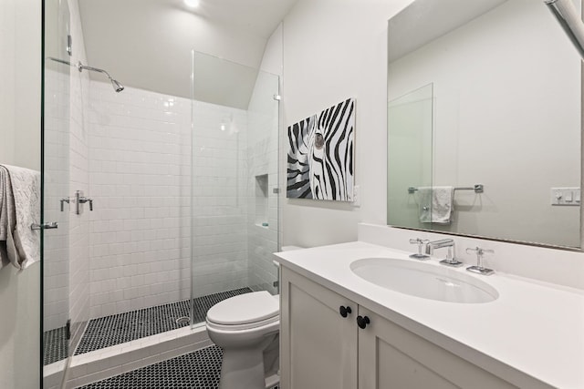 bathroom with vanity, an enclosed shower, and toilet