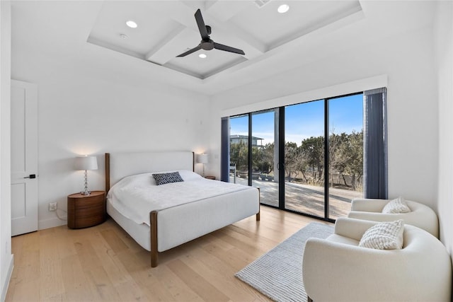 bedroom featuring coffered ceiling, access to outside, ceiling fan, and light hardwood / wood-style flooring