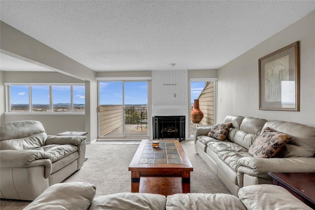 carpeted living room featuring a textured ceiling