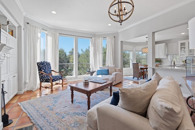 tiled living room featuring a notable chandelier and crown molding