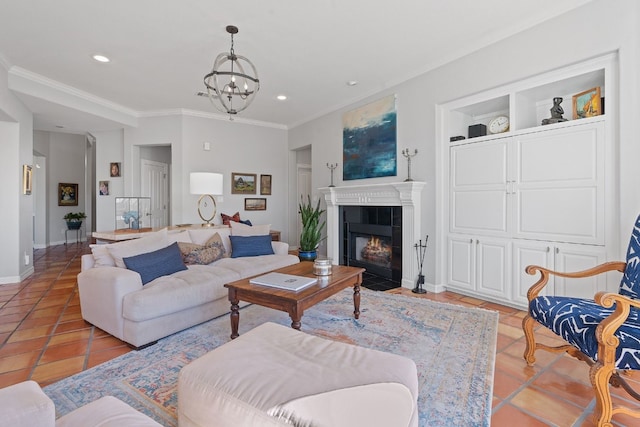 tiled living room with an inviting chandelier, crown molding, and a fireplace