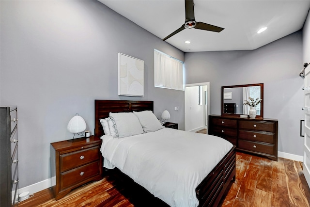 bedroom featuring hardwood / wood-style flooring and ceiling fan