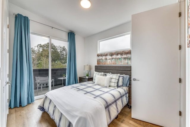 bedroom featuring multiple windows, wood-type flooring, and access to exterior