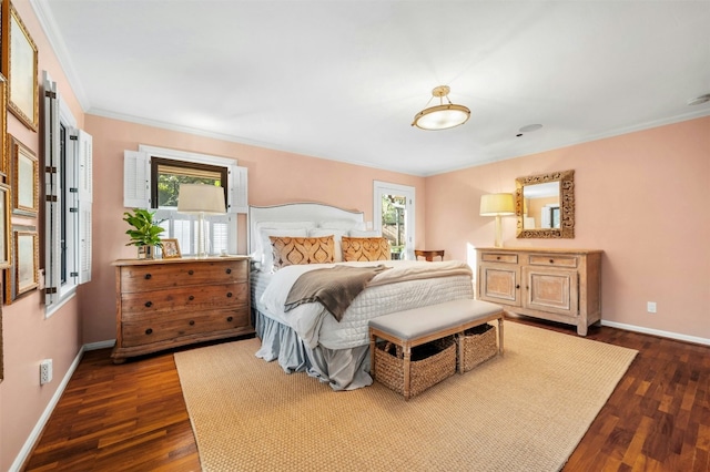 bedroom featuring dark wood-type flooring and ornamental molding