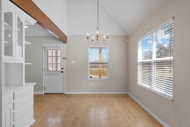 3959 Fm 535, Bastrop, TX 78602 - unfurnished dining area featuring a chandelier, healthy amount of natural light, light wood-style floors, and lofted ceiling