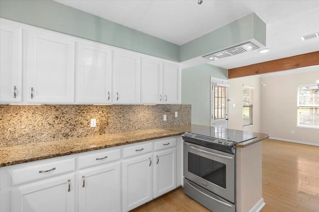 3959 Fm 535, Bastrop, TX 78602 - kitchen with electric range, decorative backsplash, light wood-type flooring, stone countertops, and white cabinets