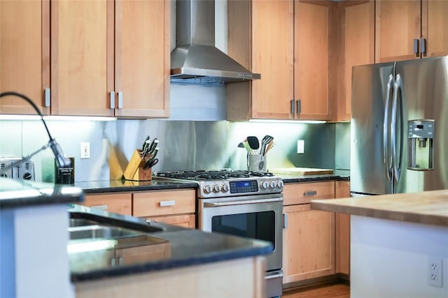 1109 Holly St Unit B, Austin, TX 78702 - kitchen featuring wall chimney exhaust hood, appliances with stainless steel finishes, backsplash, and dark countertops
