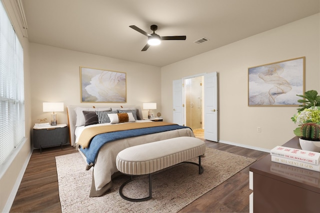 bedroom featuring ceiling fan and dark hardwood / wood-style flooring