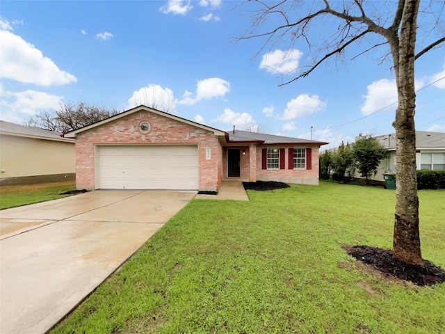 ranch-style house with a front yard and a garage