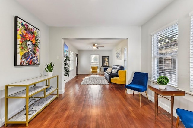 906 E 43rd St, Austin, TX 78751 - living area featuring wood finished floors and ceiling fan