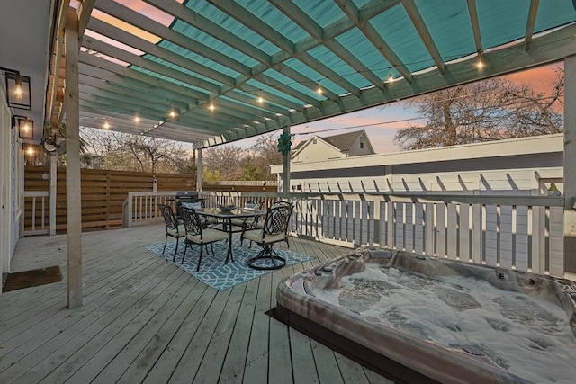 906 E 43rd St, Austin, TX 78751 - wooden terrace with an outdoor hot tub, outdoor dining area, and a pergola