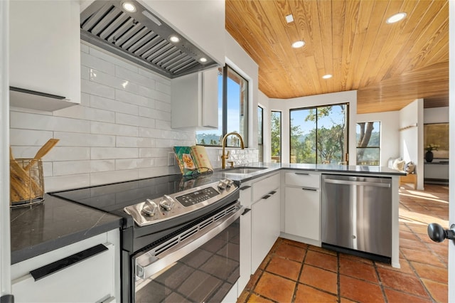 kitchen with sink, white cabinets, backsplash, stainless steel appliances, and wall chimney exhaust hood