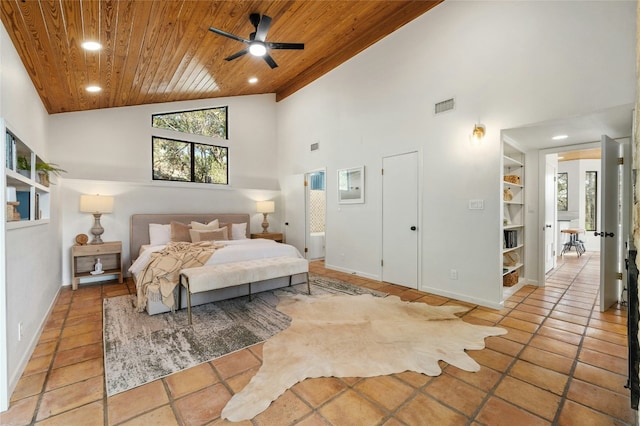 tiled bedroom with wood ceiling and high vaulted ceiling