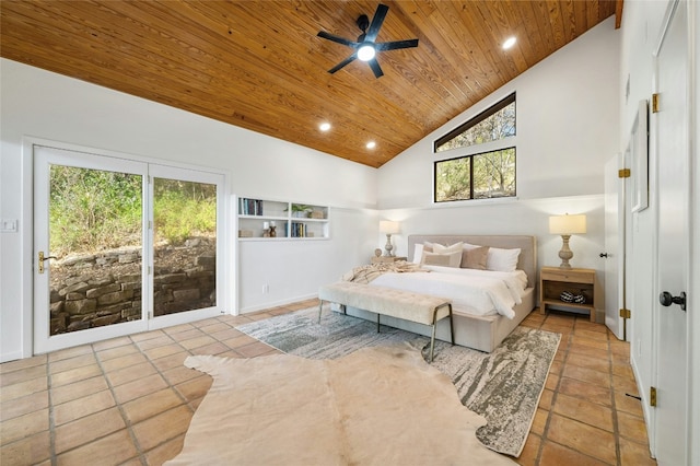 tiled bedroom with ceiling fan, high vaulted ceiling, multiple windows, and wooden ceiling