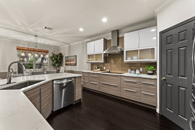 3305 Avenal Dr, Austin, TX 78738 - kitchen with dishwasher, wall chimney exhaust hood, modern cabinets, crown molding, and dark wood finished floors