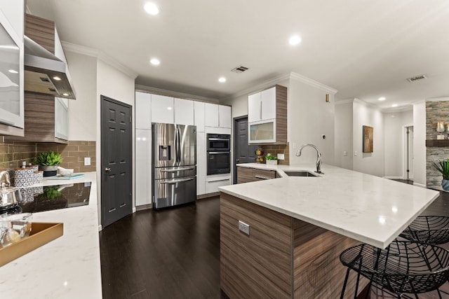 3305 Avenal Dr, Austin, TX 78738 - kitchen with appliances with stainless steel finishes, wall chimney exhaust hood, crown molding, recessed lighting, and a peninsula