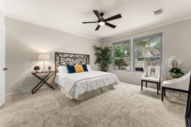 3305 Avenal Dr, Austin, TX 78738 - carpeted bedroom featuring crown molding and ceiling fan