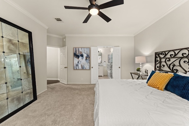 3305 Avenal Dr, Austin, TX 78738 - bedroom featuring light colored carpet, ornamental molding, ensuite bath, and a ceiling fan