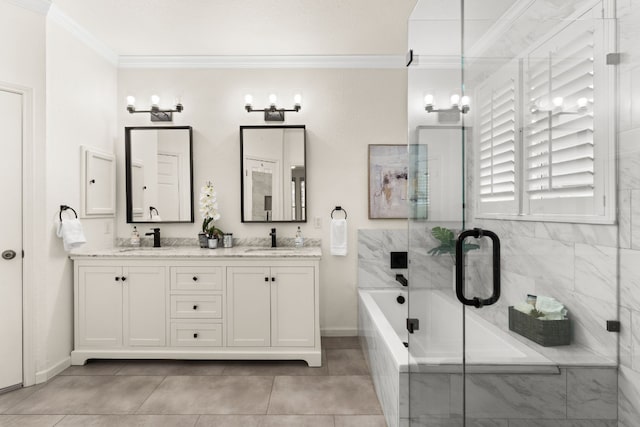 3305 Avenal Dr, Austin, TX 78738 - full bath featuring ornamental molding, a tub with marble appearance, double vanity, tile patterned flooring, and an enclosed shower