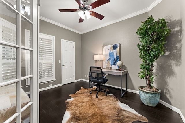 3305 Avenal Dr, Austin, TX 78738 - office area with wood-type flooring, crown molding, and ceiling fan