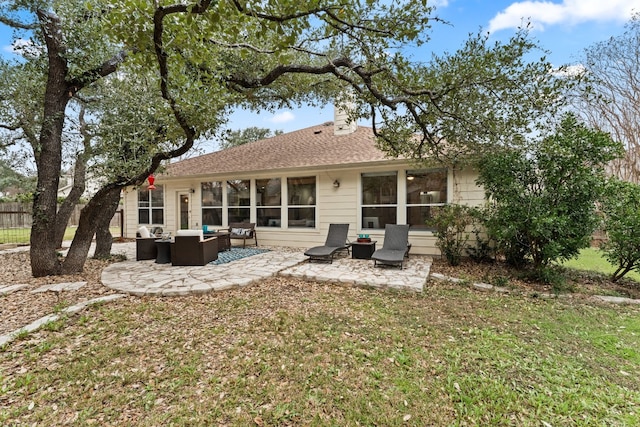 3305 Avenal Dr, Austin, TX 78738 - rear view of property with a patio, an outdoor hangout area, and a chimney