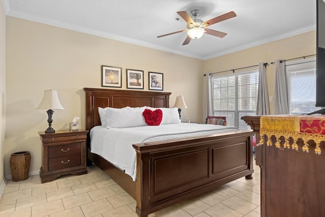 bedroom with crown molding, light tile patterned floors, and ceiling fan