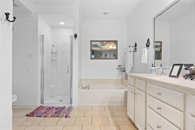 full bathroom featuring toilet, shower with separate bathtub, ornamental molding, vanity, and tile patterned flooring