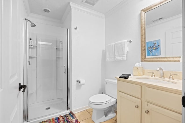 bathroom with crown molding, tile patterned flooring, vanity, a shower with shower door, and toilet