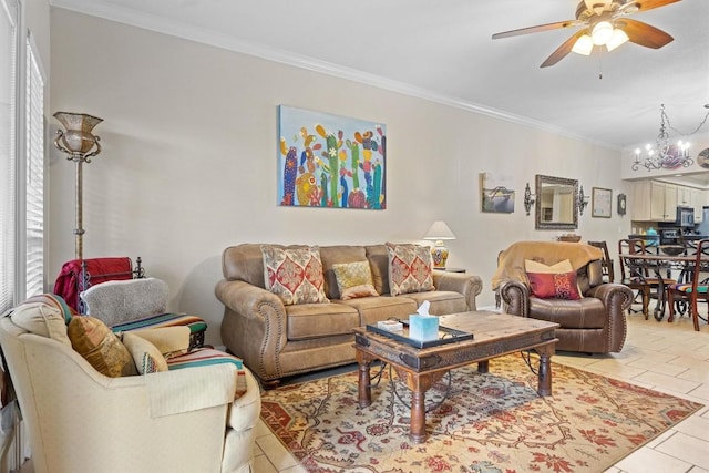 tiled living room featuring crown molding and ceiling fan with notable chandelier