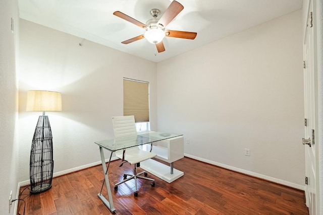 home office featuring hardwood / wood-style flooring and ceiling fan