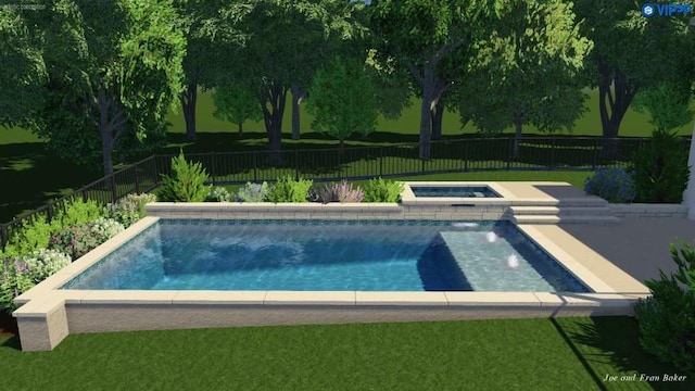 view of swimming pool featuring an in ground hot tub and a yard