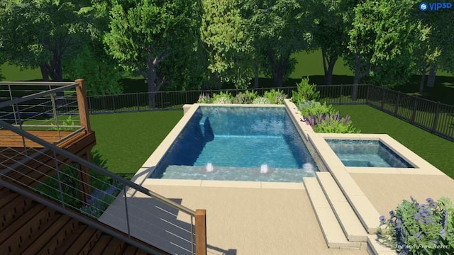 view of pool with an in ground hot tub and a yard