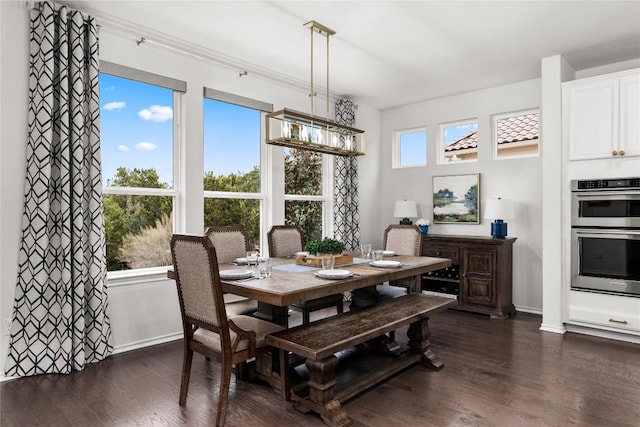 dining room with an inviting chandelier and dark hardwood / wood-style flooring