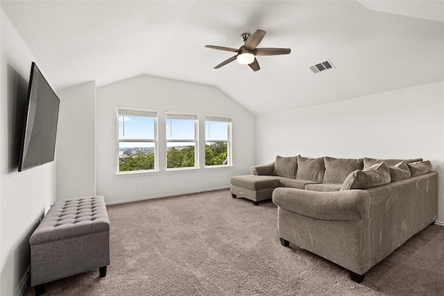 carpeted living room with lofted ceiling and ceiling fan