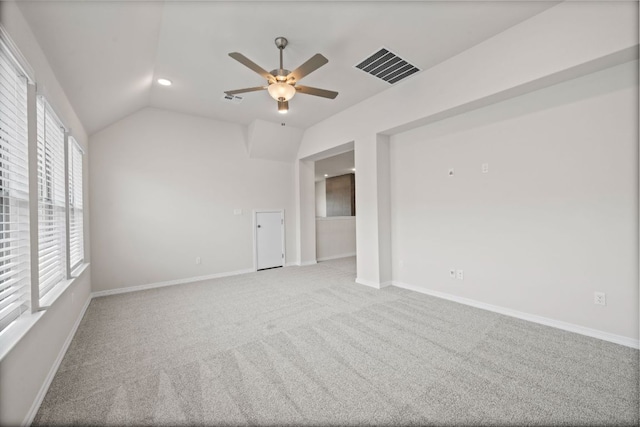 337 Five Mile Creek Way, Kyle, TX 78640 - unfurnished room featuring ceiling fan, carpet floors, vaulted ceiling, baseboards, and recessed lighting