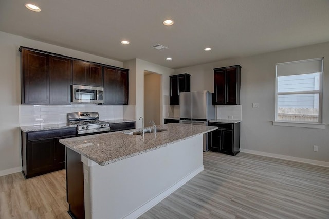 kitchen with visible vents, an island with sink, a sink, decorative backsplash, and stainless steel appliances