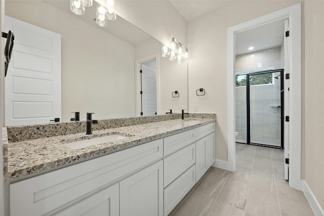 bathroom featuring vanity, toilet, an enclosed shower, and tile patterned flooring