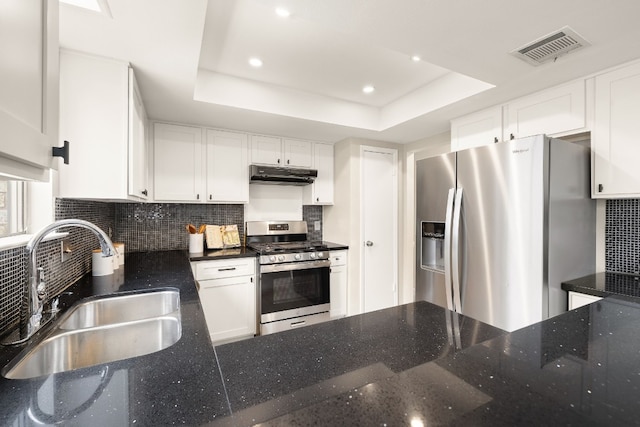 kitchen with sink, a tray ceiling, stainless steel appliances, and white cabinets