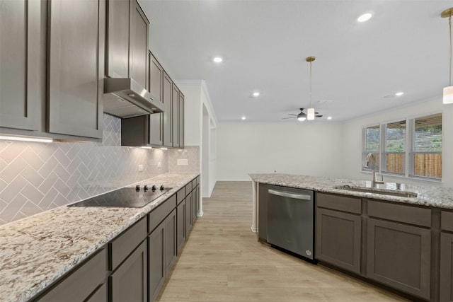 kitchen featuring sink, decorative light fixtures, black electric cooktop, ornamental molding, and dishwasher