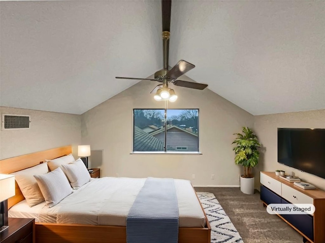 6234 Hillston Dr, Austin, TX 78745 - carpeted bedroom featuring lofted ceiling and a ceiling fan