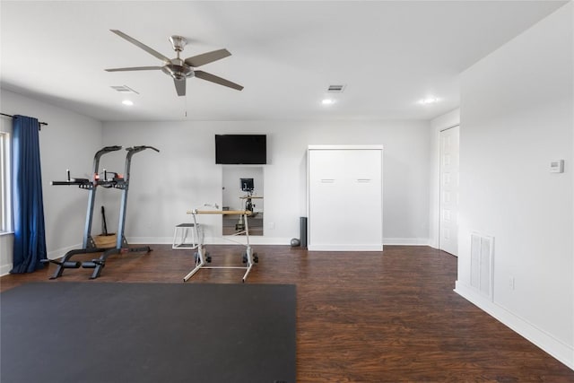 1821 Overland Stage Rd, Dripping Springs, TX 78620 - exercise room with ceiling fan, recessed lighting, wood finished floors, and baseboards