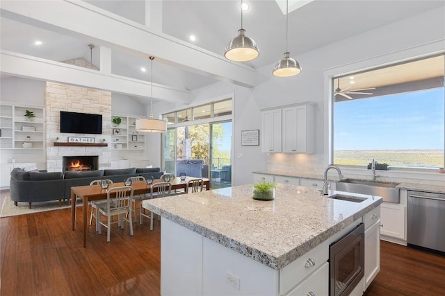 1821 Overland Stage Rd, Dripping Springs, TX 78620 - kitchen featuring stainless steel appliances, a sink, dark wood-style flooring, white cabinetry, and open floor plan